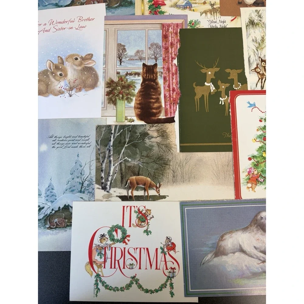 Vintage Animal Christmas Cards Fronts ONLY Scrapbooking Crafts Decoupage 50+